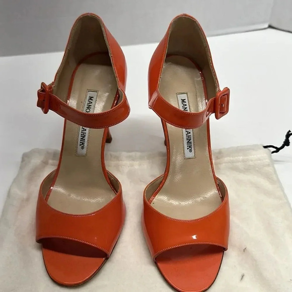 Manolo Blahnik High Heel Shoes Patent Leather Ankle Strap Orange Open Toe 36 - Picture 2 of 11